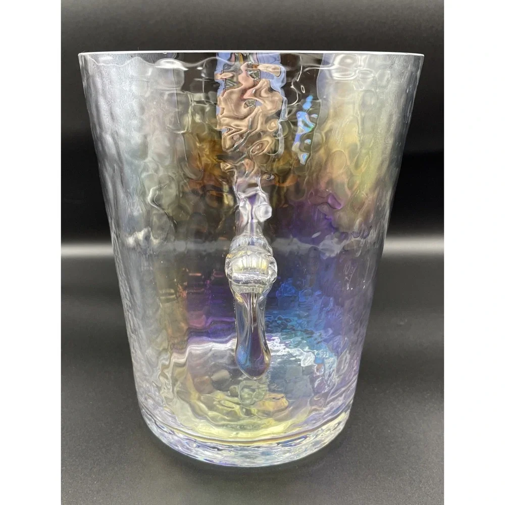Anthropologie Zaza Iridescent Hammered Glass Ice Bucket Scroll Handles 8.5in H